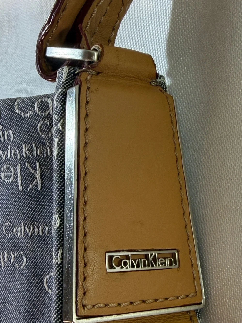 Calvin Klein Gray Logo Messenger Bag with Tan Strap